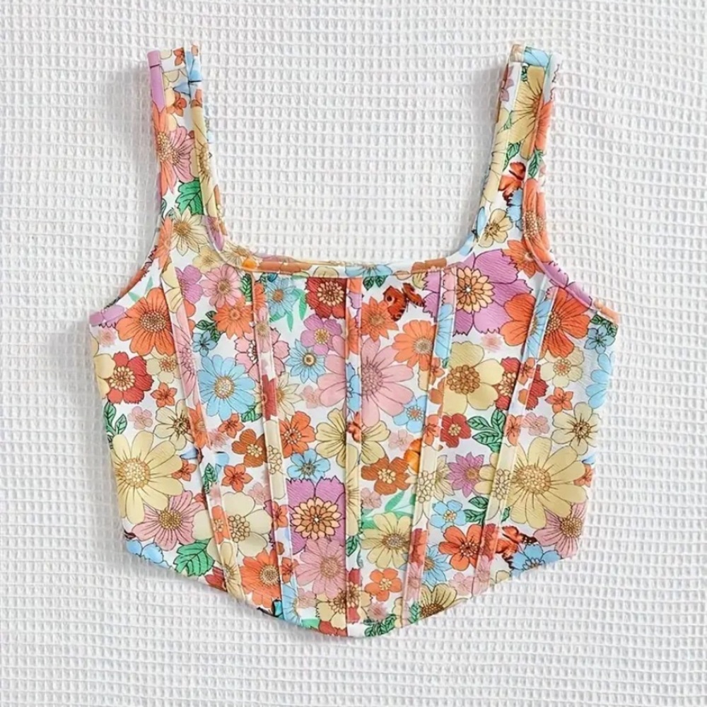 Vintage Floral Crop Top in Pastel Pink, Orange, Yellow, Blue, Green